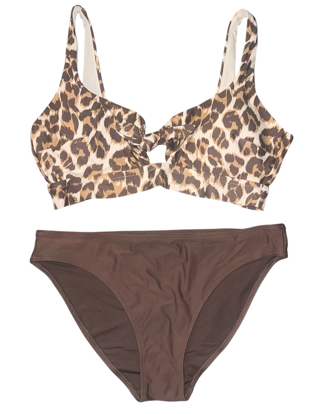 EUC Aerie Leopard Tie-Front Bikini Top with Brown Bottoms Large